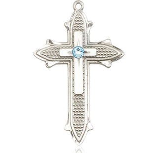 Sterling Silver Cross on Cross Pendant with a 3mm Aqua Swarovski stone on an 24-inch Light Rhodium Heavy Curb Chain Engraved Catholic Saint Jewelry