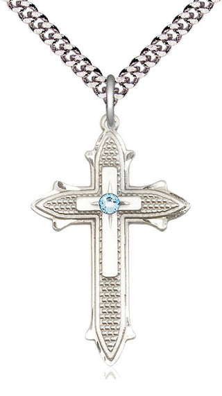Sterling Silver Cross on Cross | 3mm Aqua Swarovski stone | 24-inch Light Rhodium Chain | Engravable