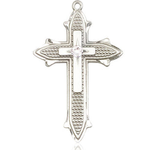 Sterling Silver Cross on Cross Pendant with a 3mm Crystal Swarovski stone on an 24-inch Light Rhodium Heavy Curb Chain Engraved Catholic Saint Jewelry