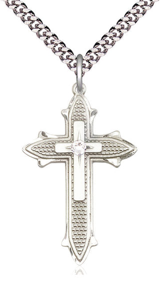 Sterling Silver Cross on Cross | 3mm Crystal Swarovski stone | 24-inch Light Rhodium Chain | Engravable