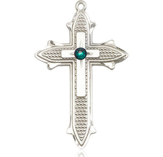Sterling Silver Cross on Cross Pendant with a 3mm Emerald Swarovski stone on an 24-inch Light Rhodium Heavy Curb Chain Engraved Catholic Saint Jewelry