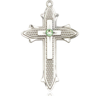 Sterling Silver Cross on Cross Pendant with a 3mm Peridot Swarovski stone on an 24-inch Light Rhodium Heavy Curb Chain Engraved Catholic Saint Jewelry