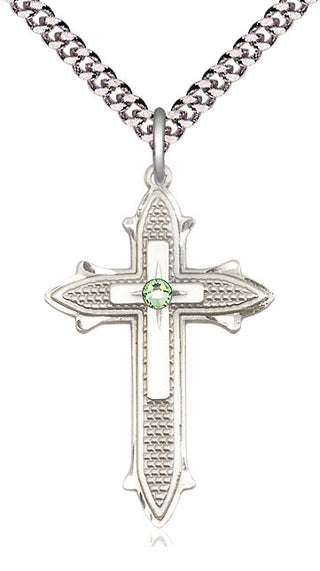 Sterling Silver Cross on Cross | 3mm Peridot Swarovski stone | 24-inch Light Rhodium Chain | Engravable