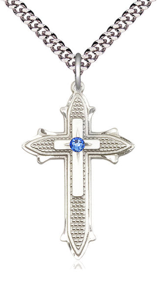 Sterling Silver Cross on Cross | 3mm Sapphire Swarovski stone | 24-inch Light Rhodium Chain | Engravable