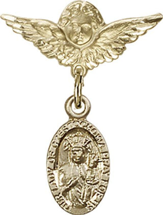 14kt Gold Small Angel w/Wings O/L of Czestochowa Baby Badge