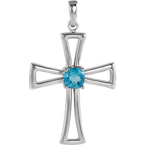 14K White Swiss Blue Topaz Cross Pendant