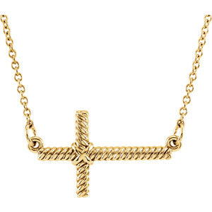 14K Gold 11.3x20.15 MM Sideways Rope Cross 16.5" Necklace