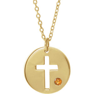 14K Gold Citrine Pierced Cross Disc 16-18" Necklace