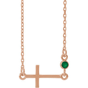 14K Rose Emerald Sideways Cross 16-18" Necklace