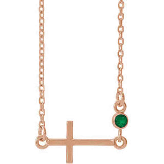 14K Rose Chatham Created Emerald Sideways Accented Cross 16-18" Necklace