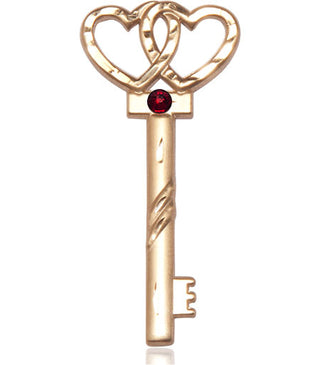 14kt Gold Filled Key w/Double Hearts Pendant with a 3mm Garnet Swarovski stone on an 24-inch Gold Plate Heavy Curb Chain
