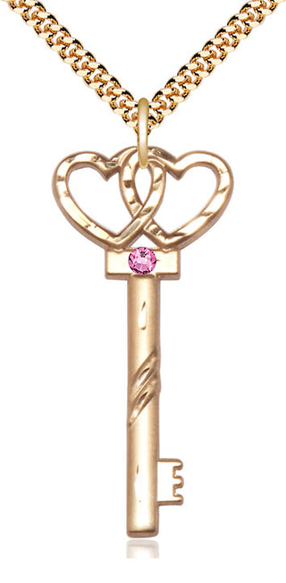 14kt Gold Filled Key w/Double Hearts Pendant with 3mm Rose Swarovski Necklace
