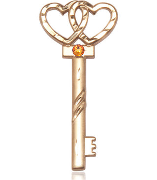 14kt Gold Filled Key w/Double Hearts Pendant with a 3mm Topaz Swarovski stone on an 24-inch Gold Plate Heavy Curb Chain