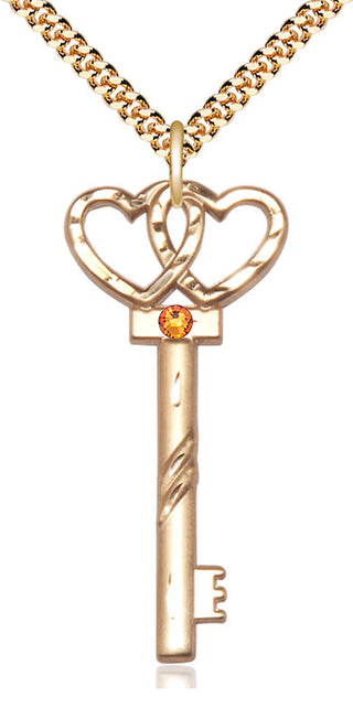 14kt Gold Filled Key w/Double Hearts Pendant with 3mm Topaz Swarovski Necklace