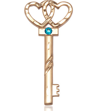14kt Gold Filled Key w/Double Hearts Pendant with a 3mm Zircon Swarovski stone on an 24-inch Gold Plate Heavy Curb Chain