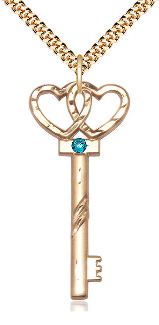 14kt Gold Filled Key w/Double Hearts Pendant with 3mm Zircon Swarovski Necklace