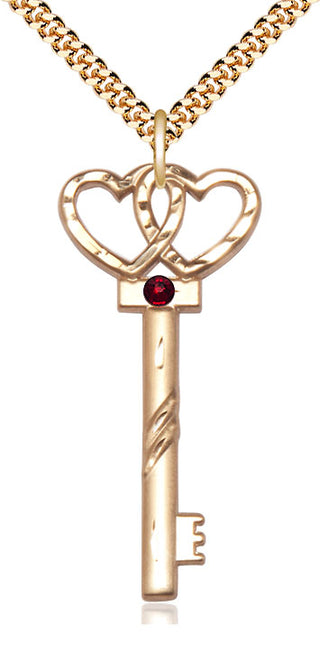 14kt Gold Filled Key w/Double Hearts Pendant with 3mm Garnet Swarovski Necklace