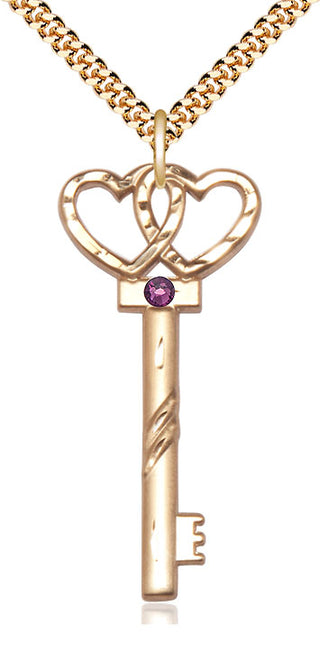 14kt Gold Filled Key w/Double Hearts Pendant with 3mm Amethyst Swarovski Necklace