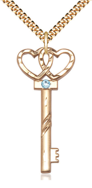 14kt Gold Filled Key w/Double Hearts Pendant with 3mm Aqua Swarovski Necklace