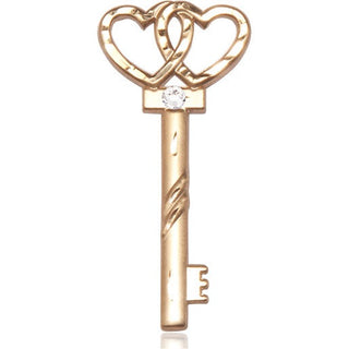 14kt Gold Filled Key w/Double Hearts Pendant with a 3mm Crystal Swarovski stone on an 24-inch Gold Plate Heavy Curb Chain