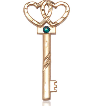 14kt Gold Filled Key w/Double Hearts Pendant with a 3mm Emerald Swarovski stone on an 24-inch Gold Plate Heavy Curb Chain