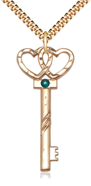 14kt Gold Filled Key w/Double Hearts Pendant with 3mm Emerald Swarovski Necklace