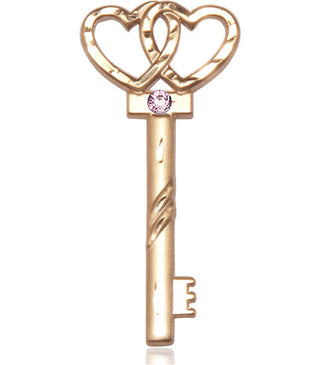 14kt Gold Filled Key w/Double Hearts Pendant with a 3mm Light Amethyst Swarovski stone on an 24-inch Gold Plate Heavy Curb Chain