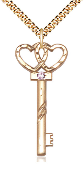 14kt Gold Filled Key w/Double Hearts Pendant with 3mm Light Amethyst Swarovski Necklace