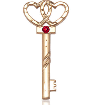 14kt Gold Filled Key w/Double Hearts Pendant with a 3mm Ruby Swarovski stone on an 24-inch Gold Plate Heavy Curb Chain