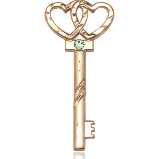 14kt Gold Filled Key w/Double Hearts Pendant with a 3mm Peridot Swarovski stone on an 24-inch Gold Plate Heavy Curb Chain