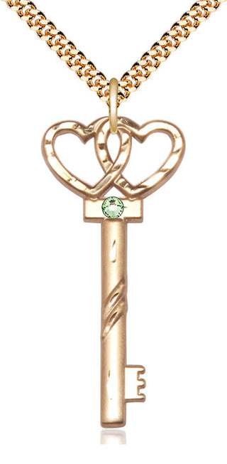 14kt Gold Filled Key w/Double Hearts Pendant with 3mm Peridot Swarovski Necklace
