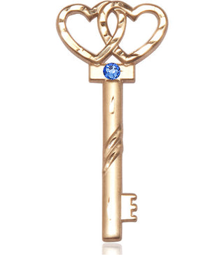 14kt Gold Filled Key w/Double Hearts Pendant with a 3mm Sapphire Swarovski stone on an 24-inch Gold Plate Heavy Curb Chain