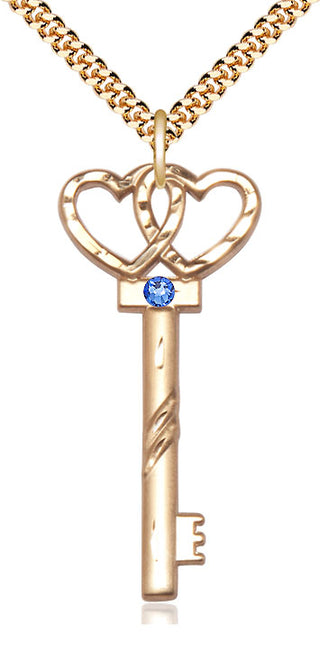 14kt Gold Filled Key w/Double Hearts Pendant with 3mm Sapphire Swarovski Necklace