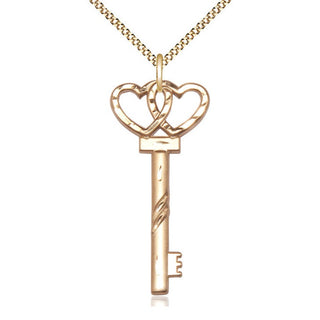 14kt Gold Filled Key w/Double Hearts Medal Catholic Jewelry