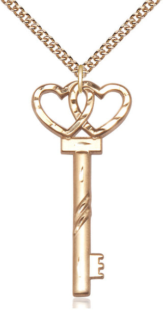 14kt Gold Filled Key w/Double Hearts Medal Catholic Jewelry
