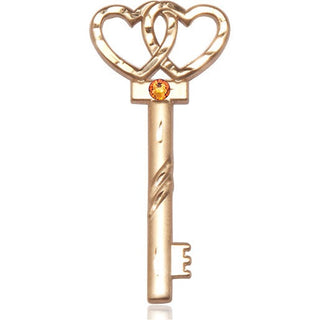 14kt Gold Key w/Double Hearts Medal with a 3mm Topaz Swarovski stone