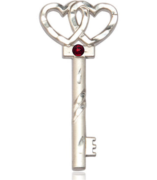 Sterling Silver Key w/Double Hearts Pendant with a 3mm Garnet Swarovski stone on an 24-inch Light Rhodium Heavy Curb Chain