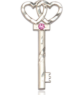 Sterling Silver Key w/Double Hearts Pendant with a 3mm Rose Swarovski stone on an 24-inch Light Rhodium Heavy Curb Chain