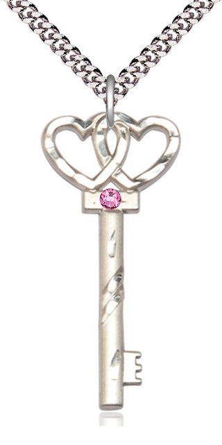 Sterling Silver Key w/Double Hearts Pendant with 3mm Rose Swarovski Necklace