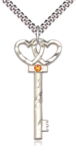 Sterling Silver Key w/Double Hearts Pendant with 3mm Topaz Swarovski Necklace