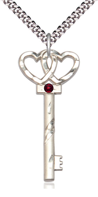 Sterling Silver Key w/Double Hearts Pendant with 3mm Garnet Swarovski Necklace