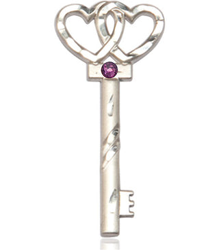 Sterling Silver Key w/Double Hearts Pendant with a 3mm Amethyst Swarovski stone on an 24-inch Light Rhodium Heavy Curb Chain