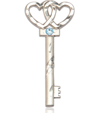 Sterling Silver Key w/Double Hearts Pendant with a 3mm Aqua Swarovski stone on an 24-inch Light Rhodium Heavy Curb Chain