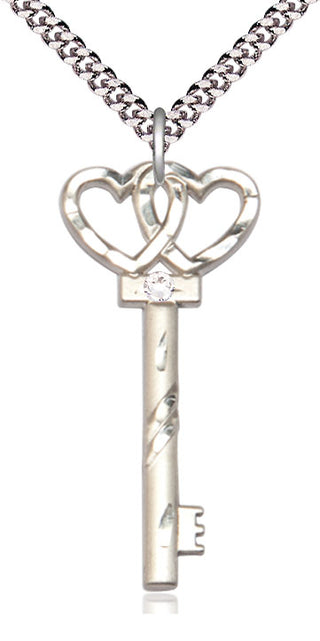 Sterling Silver Key w/Double Hearts Pendant with 3mm Crystal Swarovski Necklace