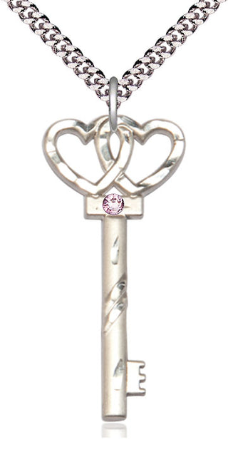 Sterling Silver Key w/Double Hearts Pendant with 3mm Light Amethyst Swarovski Necklace