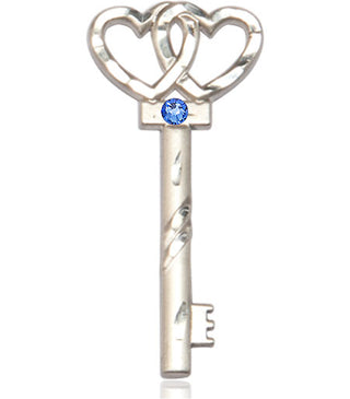 Sterling Silver Key w/Double Hearts Pendant with a 3mm Sapphire Swarovski stone on an 24-inch Light Rhodium Heavy Curb Chain