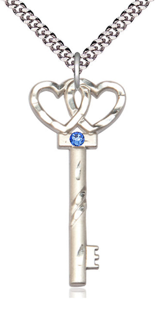 Sterling Silver Key w/Double Hearts Pendant with 3mm Sapphire Swarovski Necklace