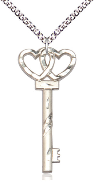 Sterling Silver Key w/Double Hearts Medal Catholic Jewelry