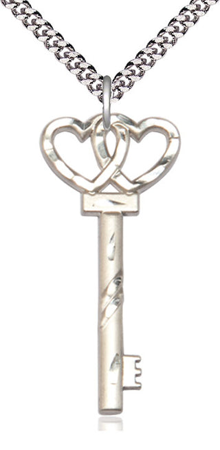 Sterling Silver Key w/Double Hearts Medal Catholic Jewelry