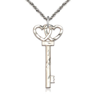 Sterling Silver Key w/Double Hearts Medal Catholic Jewelry